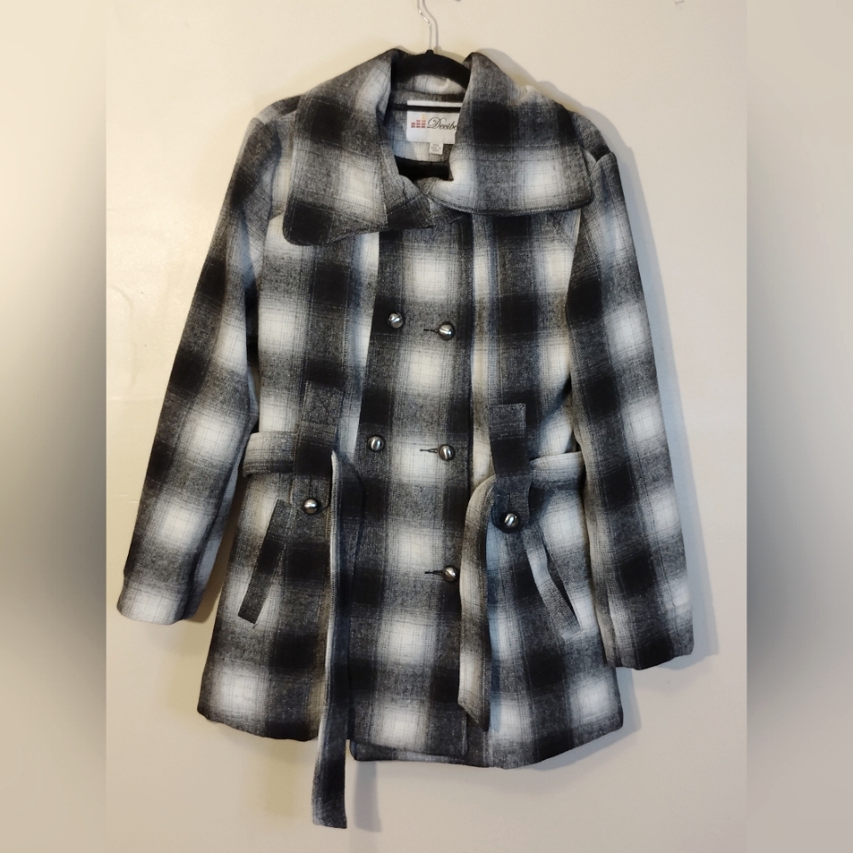 Decibel Black And White Pea Coat With Bold Plaid Pattern And Notched Lapel
